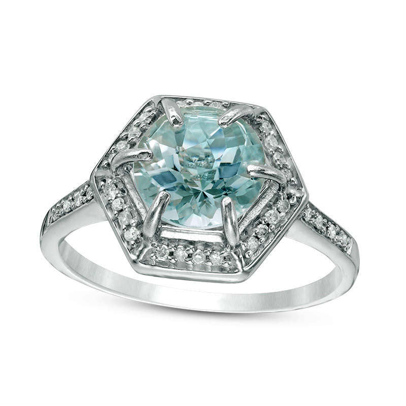 Image of ID 1 80mm Aquamarine and Natural Diamond Accent Hexagon Frame Ring in Solid 10K White Gold