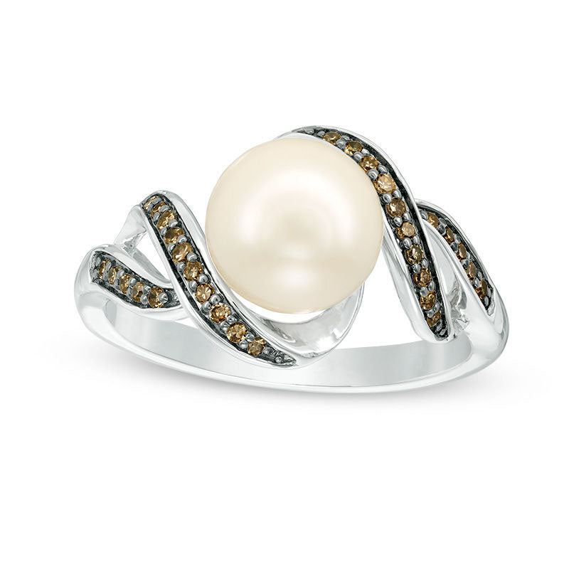 Image of ID 1 80mm Baroque Cultured Freshwater Pearl and 013 CT TW Champagne Natural Diamond Twist Ring in Sterling Silver - Size 7