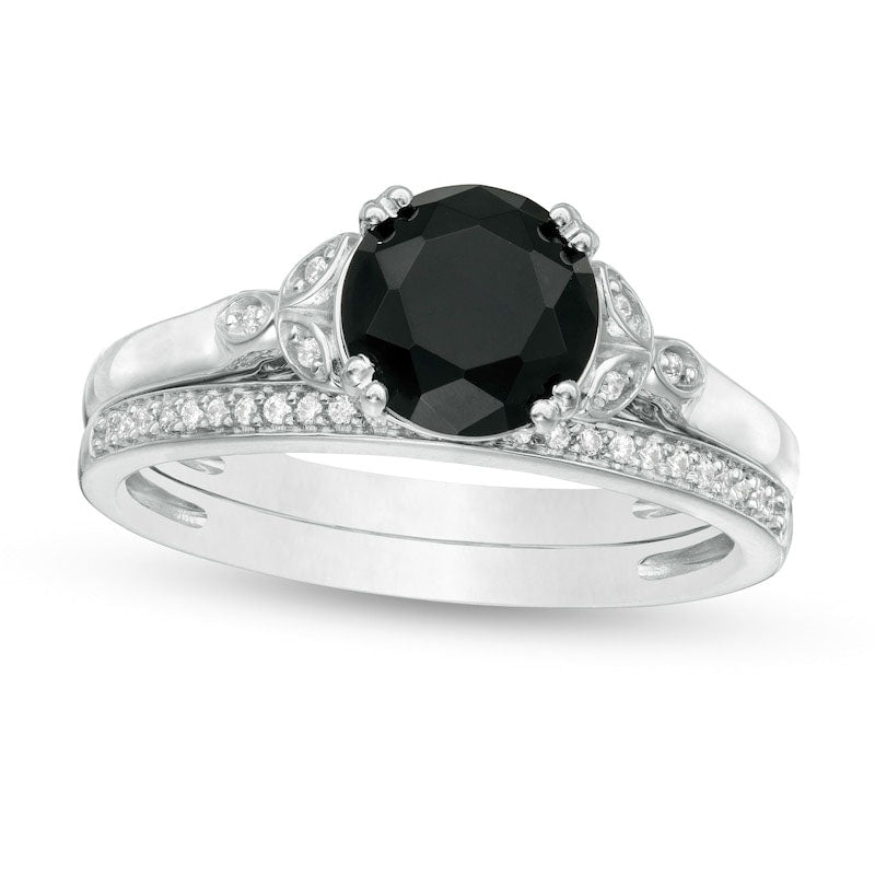 Image of ID 1 80mm Black Sapphire and 010 CT TW Natural Diamond Leaf Sides Bridal Engagement Ring Set in Solid 10K White Gold