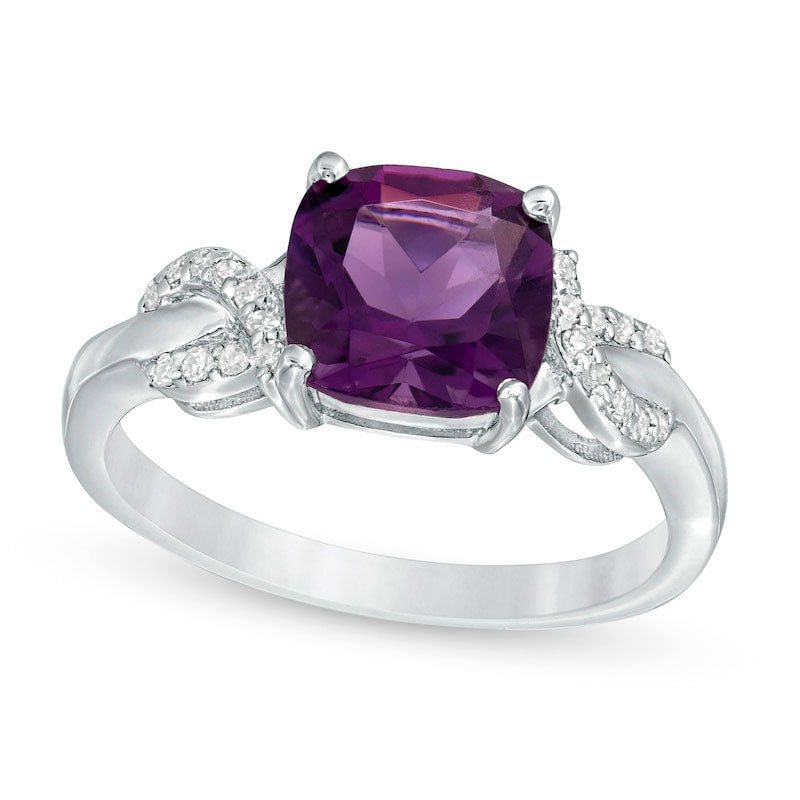 Image of ID 1 80mm Cushion-Cut Amethyst and 010 CT TW Natural Diamond Ribbons Ring in Sterling Silver