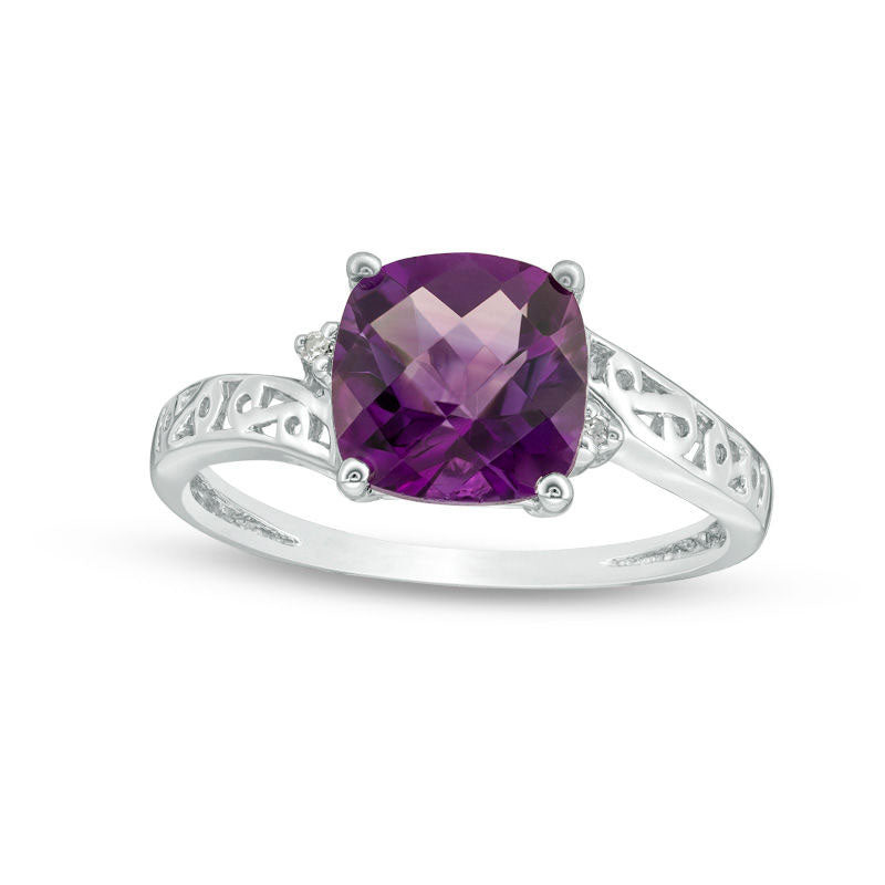 Image of ID 1 80mm Cushion-Cut Amethyst and Natural Diamond Accent Bypass Scroll Shank Ring in Solid 10K White Gold