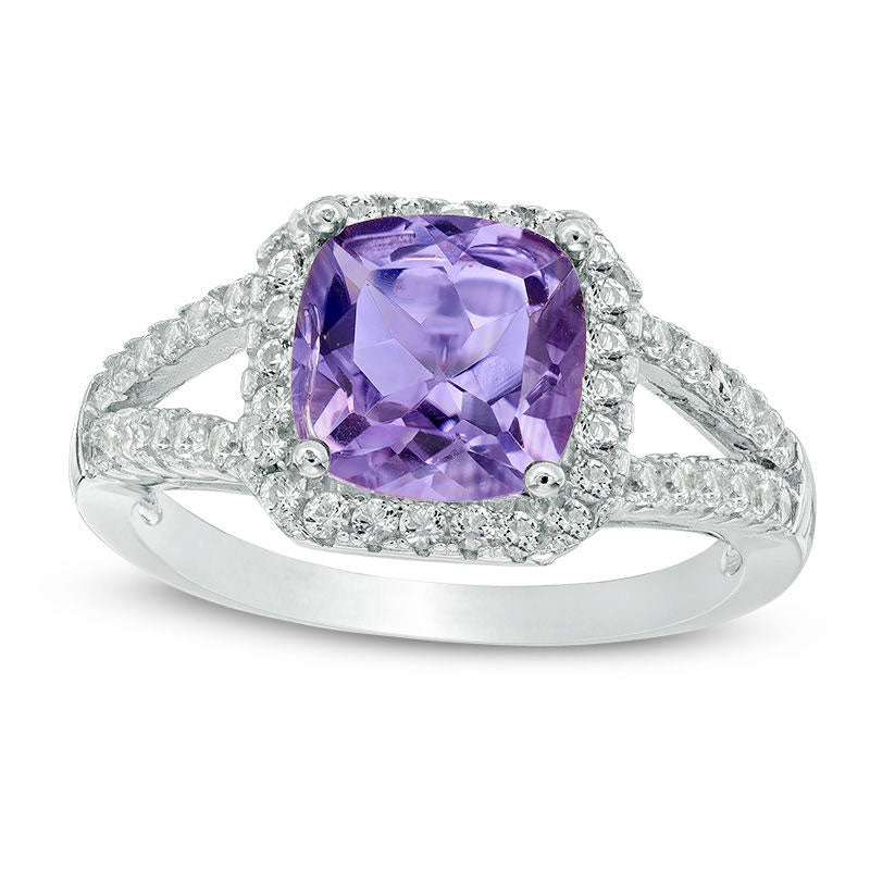 Image of ID 1 80mm Cushion-Cut Amethyst and White Topaz Frame Split Shank Ring in Sterling Silver
