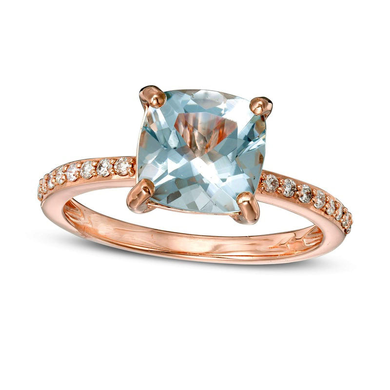 Image of ID 1 80mm Cushion-Cut Aquamarine and 017 CT TW Natural Diamond Ring in Solid 14K Rose Gold - Size 7
