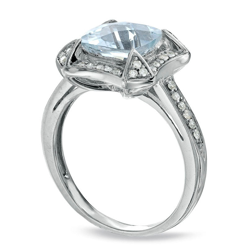 Image of ID 1 80mm Cushion-Cut Aquamarine and 025 CT TW Natural Diamond Frame Ring in Sterling Silver