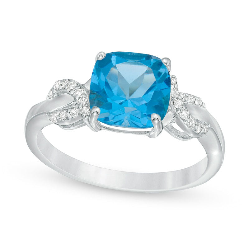 Image of ID 1 80mm Cushion-Cut Blue Topaz and 010 CT TW Natural Diamond Ribbons Ring in Sterling Silver