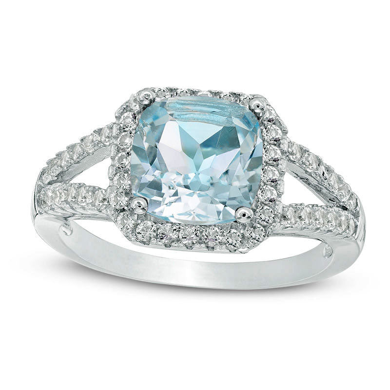 Image of ID 1 80mm Cushion-Cut Blue and White Topaz Frame Split Shank Ring in Sterling Silver