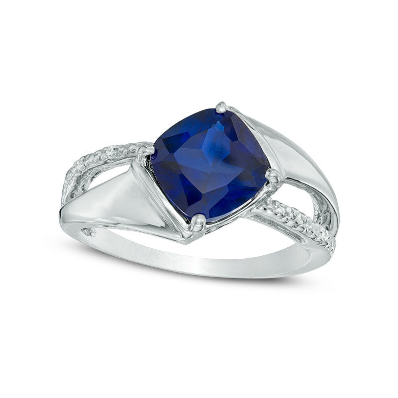 Image of ID 1 80mm Cushion-Cut Lab-Created Blue Sapphire and Diamond Accent Tilted Split Shank Ring in Solid 10K White Gold