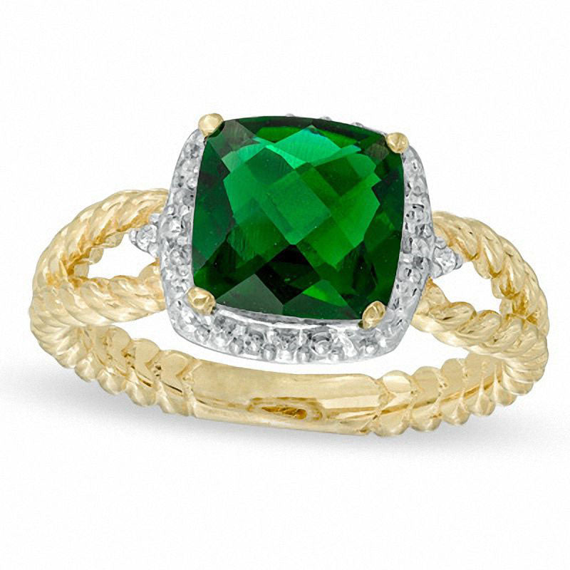 Image of ID 1 80mm Cushion-Cut Lab-Created Emerald and Diamond Accent Ring in Solid 10K Yellow Gold