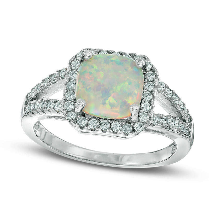 Image of ID 1 80mm Cushion-Cut Lab-Created Opal and White Topaz Frame Split Shank Ring in Sterling Silver