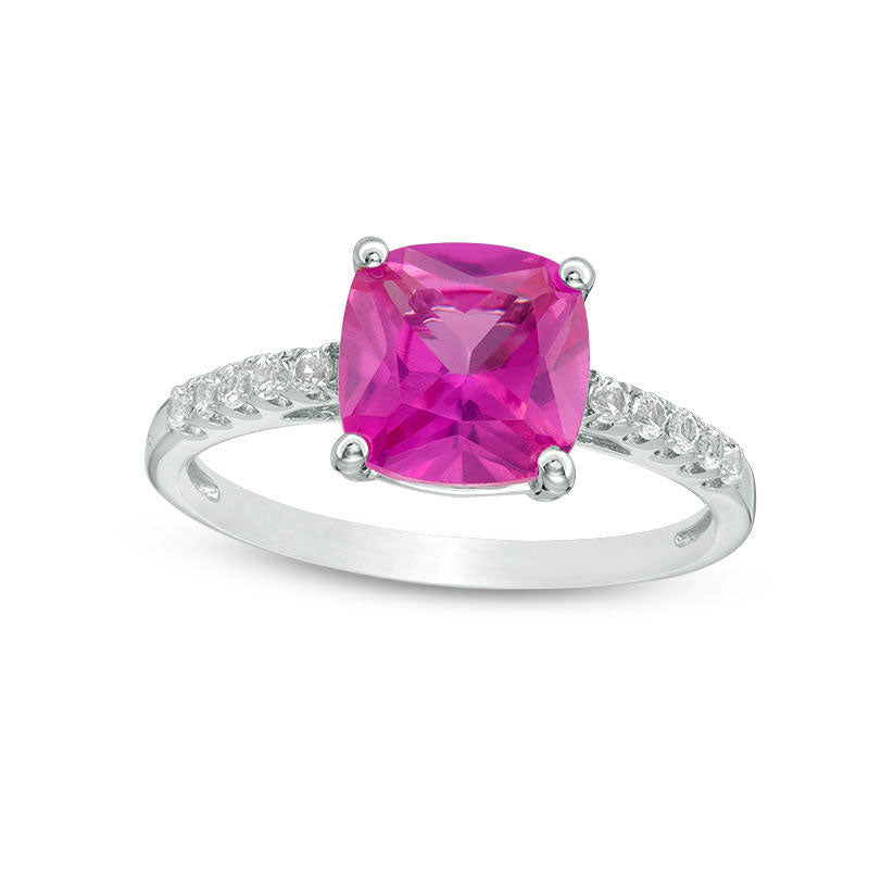 Image of ID 1 80mm Cushion-Cut Lab-Created Pink and White Sapphire Ring in Sterling Silver - Size 7