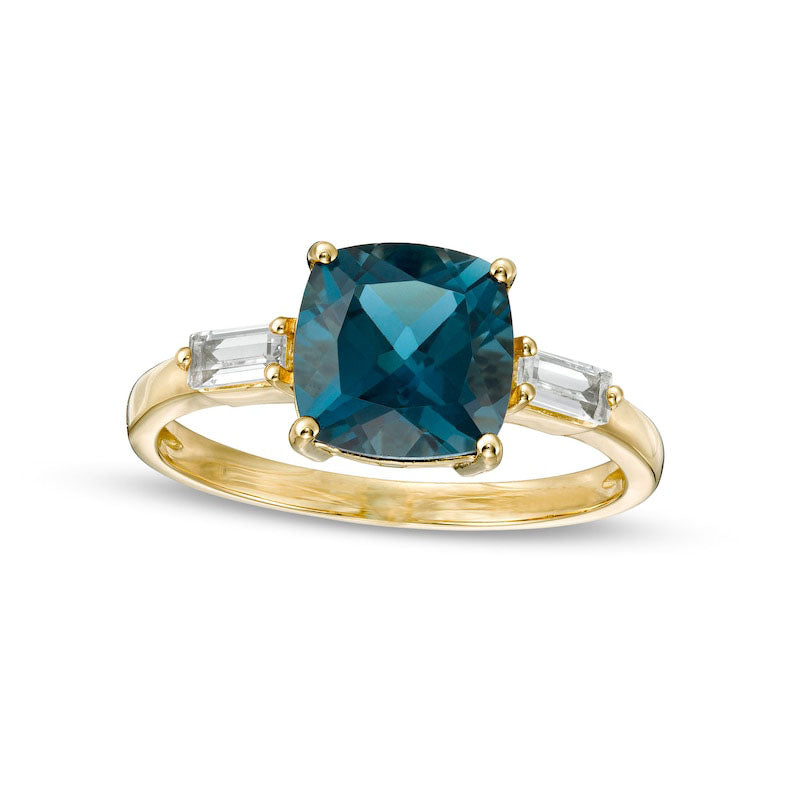 Image of ID 1 80mm Cushion-Cut London Blue and White Topaz Side Accent Ring in Solid 10K Yellow Gold