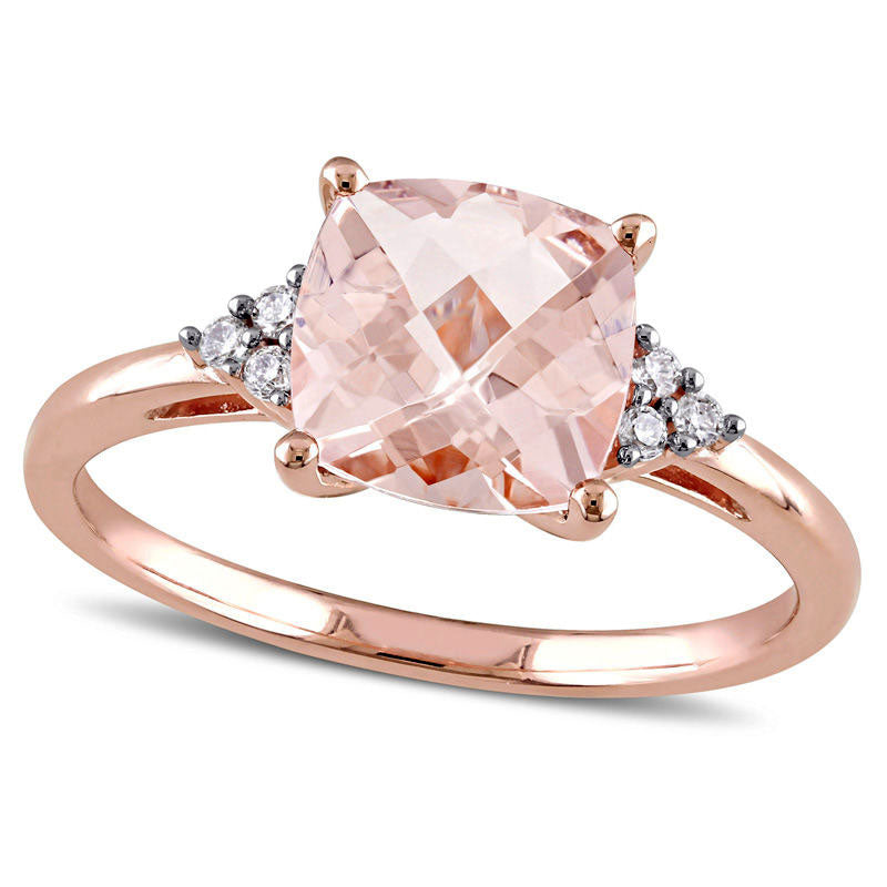Image of ID 1 80mm Cushion-Cut Morganite and Natural Diamond Accent Tri-Sides Ring in Solid 14K Rose Gold