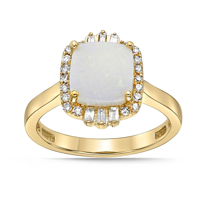 Image of ID 1 80mm Cushion-Cut Opal and 020 CT TW Natural Diamond Ornate Frame Ring in Solid 10K Yellow Gold