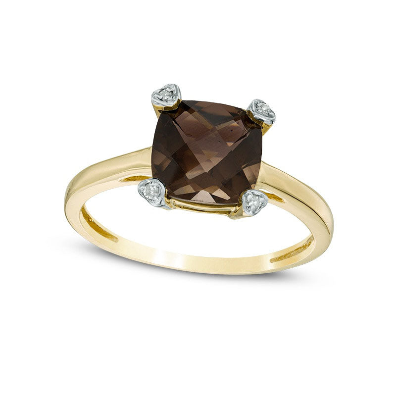 Image of ID 1 80mm Cushion-Cut Smoky Quartz and Natural Diamond Accent Ring in Solid 10K Yellow Gold