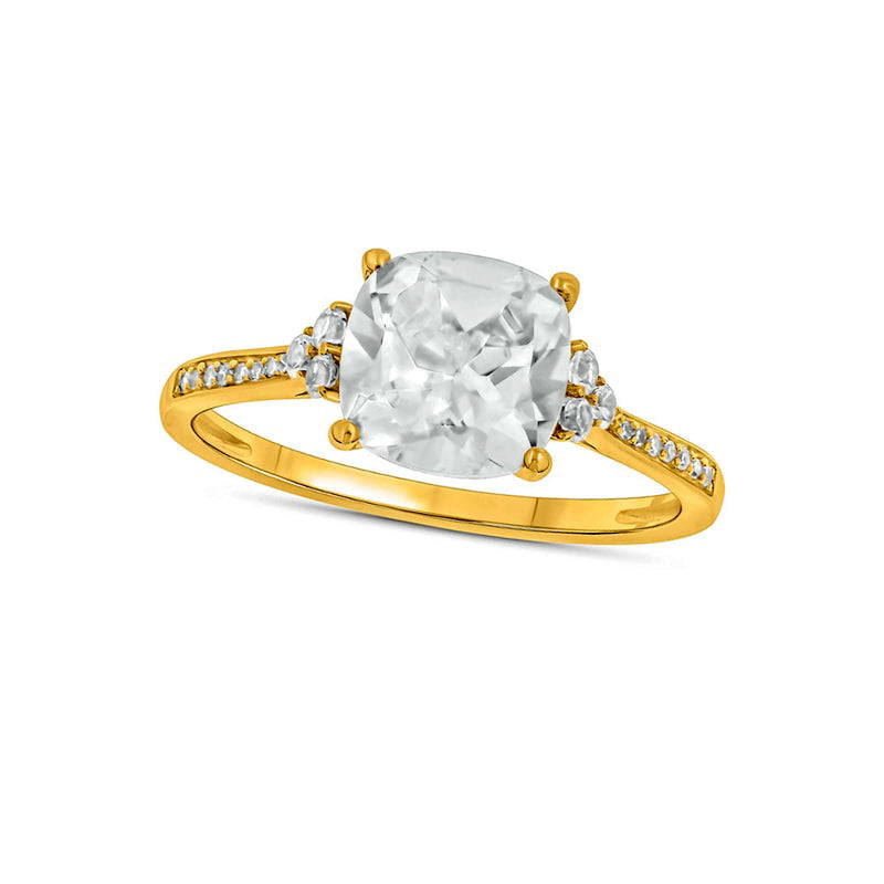 Image of ID 1 80mm Cushion-Cut White Lab-Created Sapphire and 005 CT TW Diamond Tri-Sides Ring in Solid 10K Yellow Gold