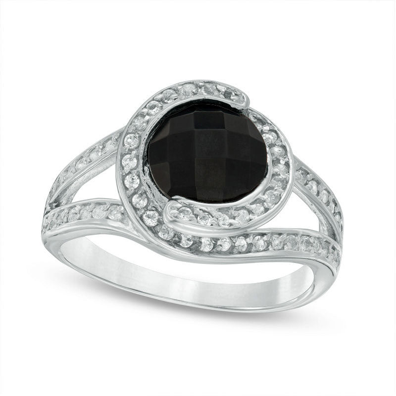 Image of ID 1 80mm Faceted Onyx and White Topaz Overlay Frame Split Shank Ring in Sterling Silver