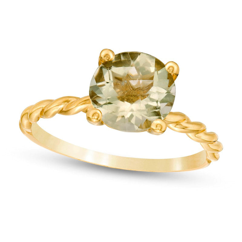 Image of ID 1 80mm Green Quartz Solitaire Rope Shank Ring in Solid 10K Yellow Gold