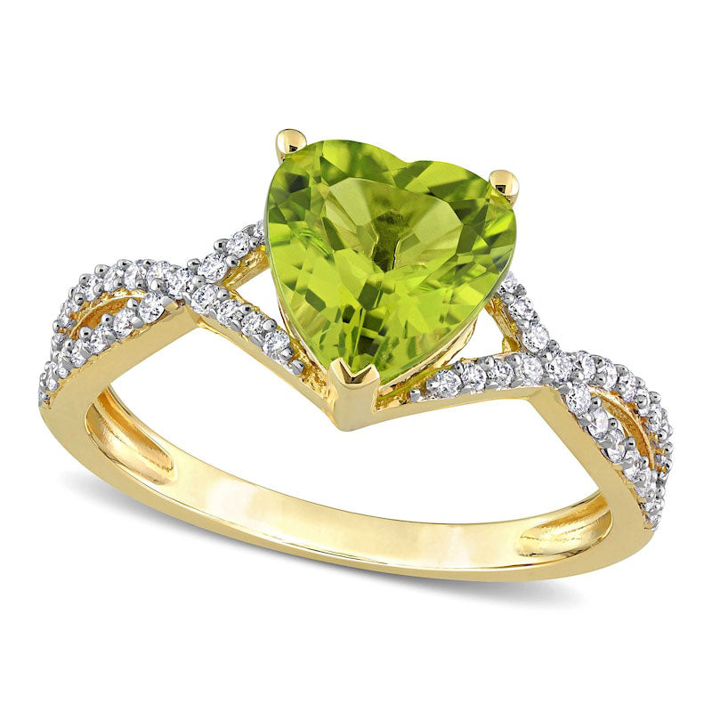 Image of ID 1 80mm Heart-Shaped Peridot and 020 CT TW Natural Diamond Twist Split Shank Ring in Solid 14K Gold