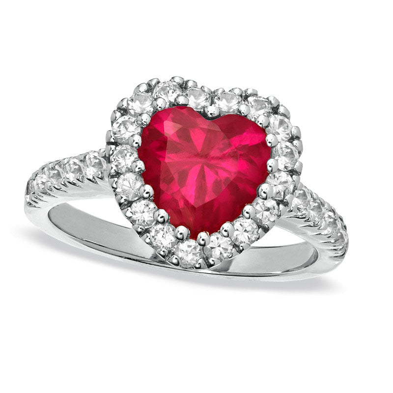Image of ID 1 80mm Lab-Created Heart-Shaped Ruby and White Sapphire Frame Ring in Sterling Silver