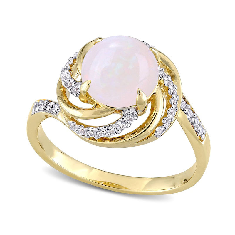 Image of ID 1 80mm Opal White Topaz and 005 CT TW Natural Diamond Swirl Frame Bypass Ring in Sterling Silver with Yellow Rhodium