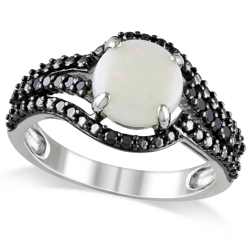 Image of ID 1 80mm Opal and 010 CT TW Enhanced Black Natural Diamond Swirl Ring in Sterling Silver