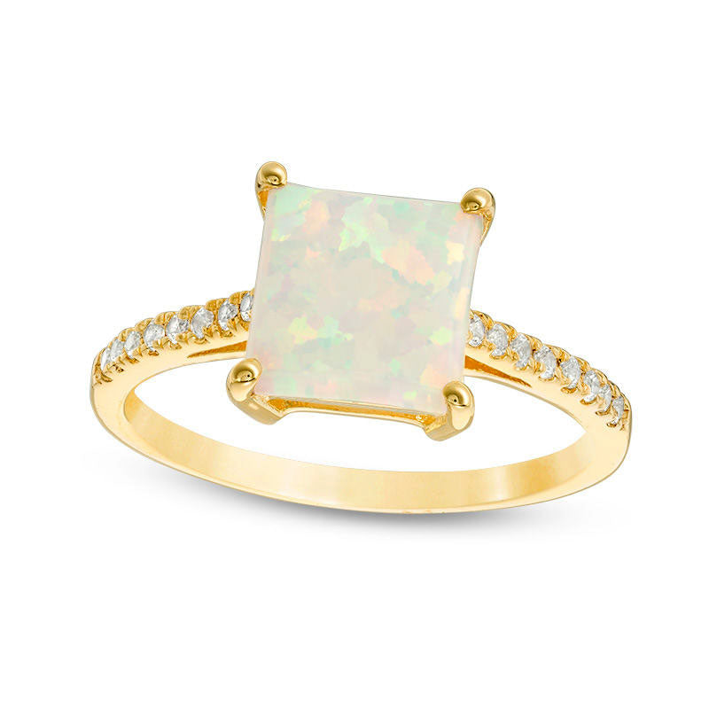 Image of ID 1 80mm Princess-Cut Lab-Created Opal and White Sapphire Ring in Sterling Silver with Solid 14K Gold Plate