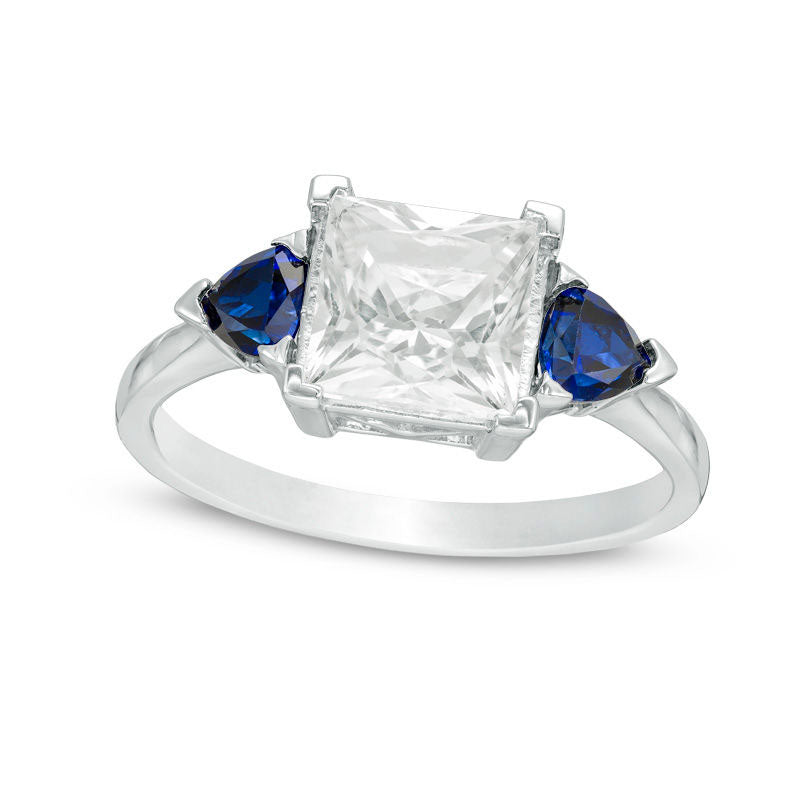 Image of ID 1 80mm Princess-Cut Lab-Created White and Blue Sapphire Three Stone Ring in Sterling Silver