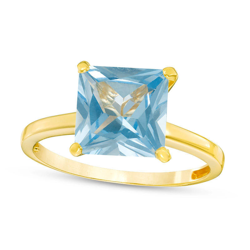 Image of ID 1 80mm Princess-Cut Simulated Aquamarine Solitaire Ring in Solid 10K Yellow Gold