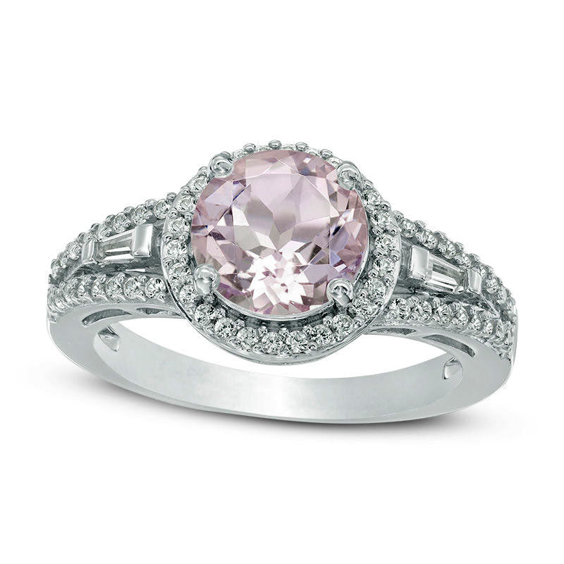 Image of ID 1 80mm Rose de France Amethyst and Lab-Created White Sapphire Frame Engagement Ring in Sterling Silver