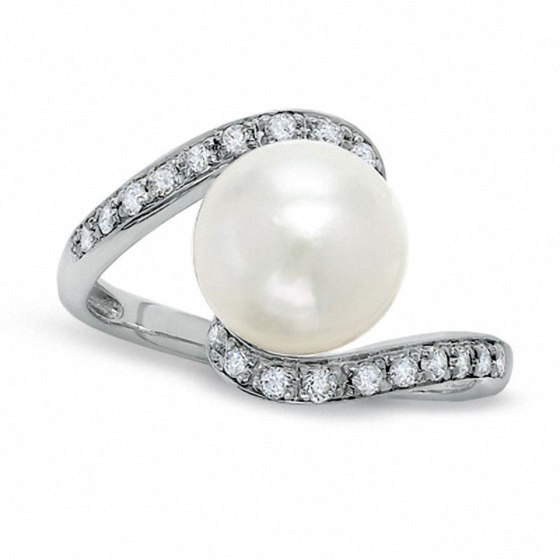 Image of ID 1 85mm Cultured Freshwater Pearl and 013 CT TW Natural Diamond Bypass Ring in Solid 10K White Gold