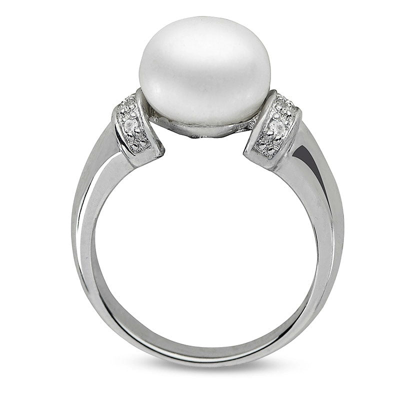 Image of ID 1 90 - 100mm Button Cultured Freshwater Pearl and White Topaz Collar Ring in Sterling Silver
