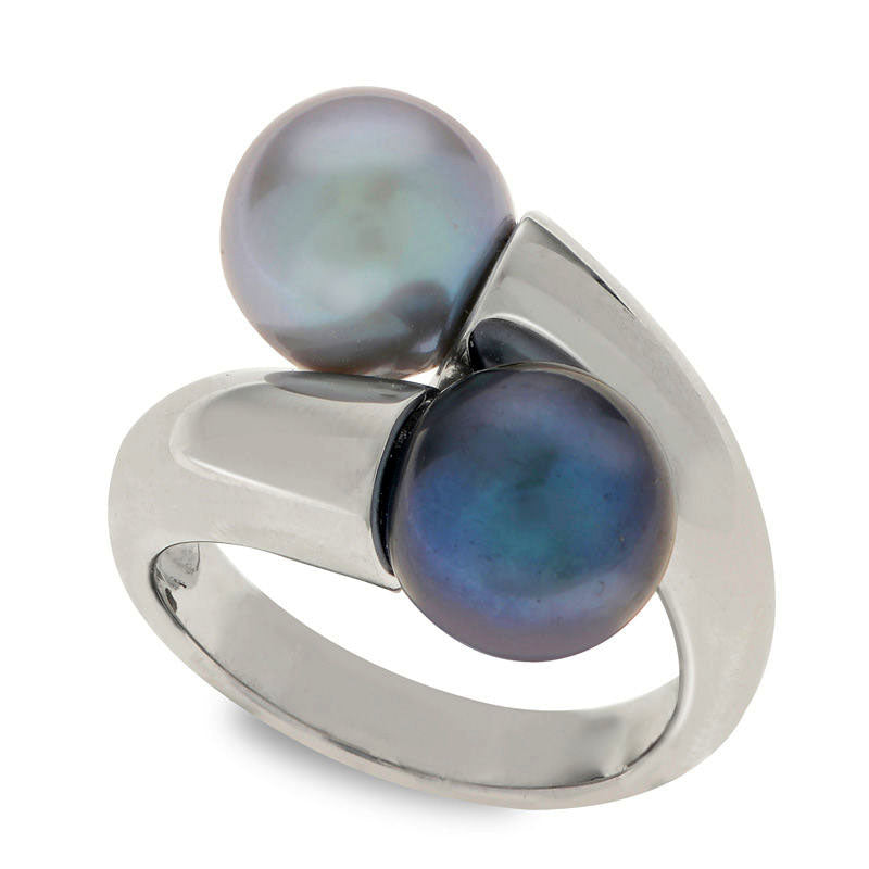 Image of ID 1 90 - 100mm Dyed Black and Grey Cultured Freshwater Pearl Bypass Ring in Sterling Silver