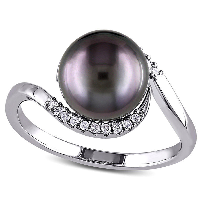 Image of ID 1 90 - 95mm Black Cultured Tahitian Pearl and 007 CT TW Natural Diamond Bypass Ring in Sterling Silver
