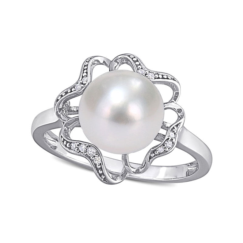 Image of ID 1 90-95mm Button Cultured Freshwater Pearl and Natural Diamond Accent Clover Frame Ring in Sterling Silver
