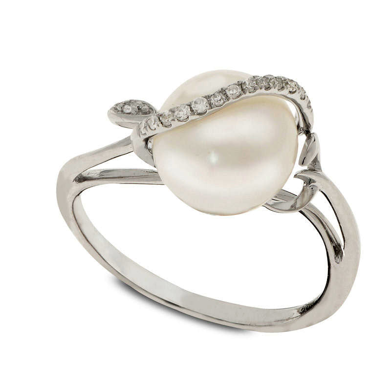 Image of ID 1 90 - 95mm Cultured Freshwater Pearl and Natural Diamond Accent Ring in Solid 14K White Gold