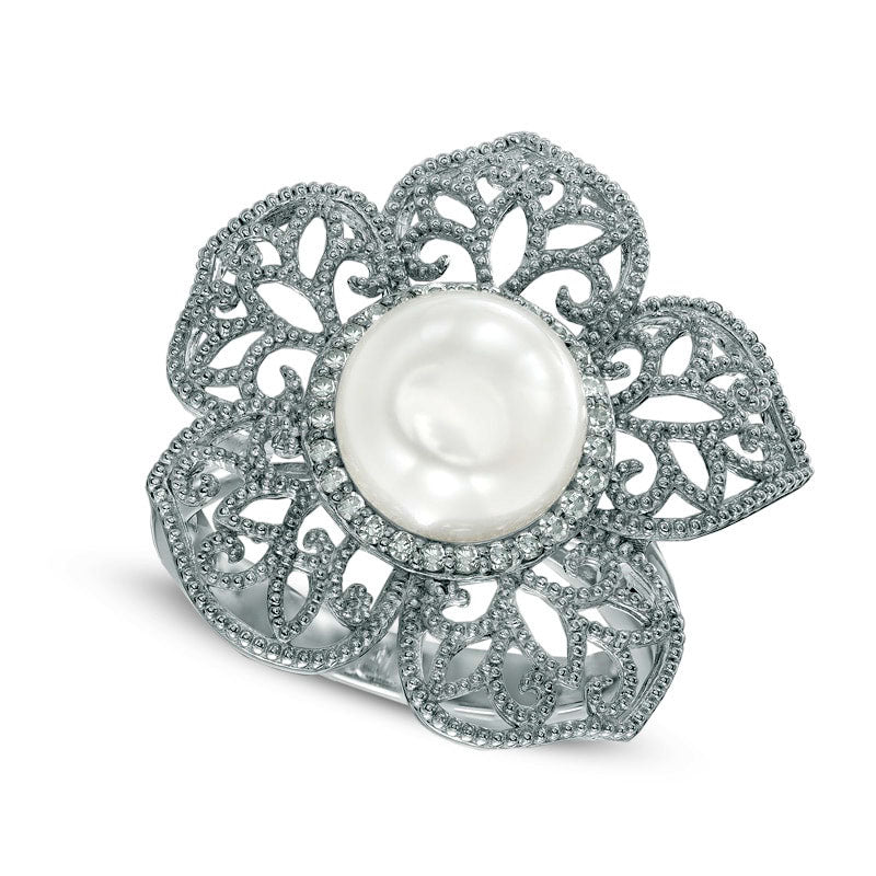 Image of ID 1 90mm Cultured Freshwater Pearl and 013 CT TW Natural Diamond Flower Ring in Sterling Silver