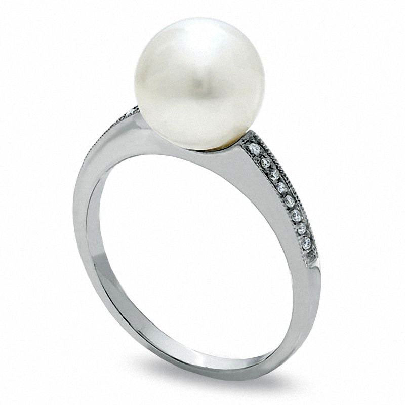 Image of ID 1 90mm Cultured Freshwater Pearl and Natural Diamond Accent Promise Promise Ring in Solid 10K White Gold