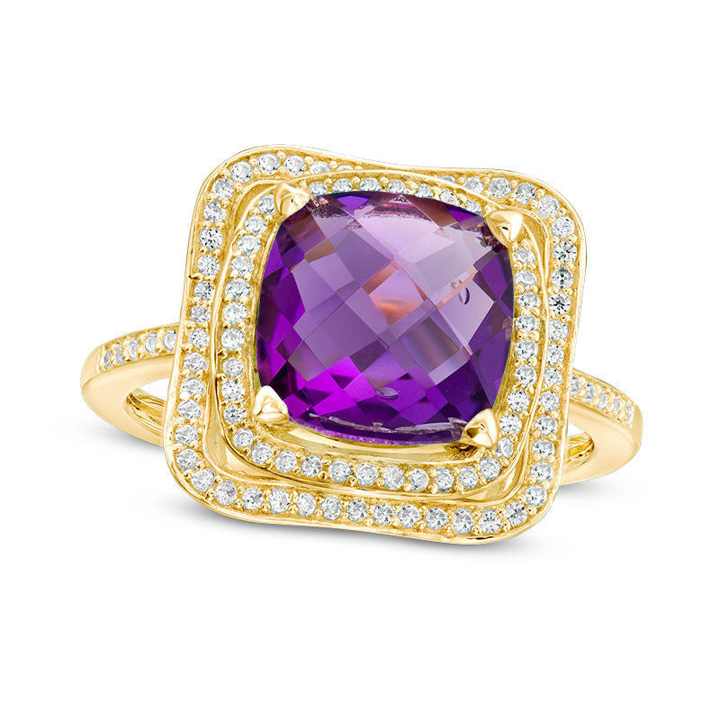 Image of ID 1 90mm Cushion-Cut Amethyst and Lab-Created White Sapphire Double Frame Ring in Sterling Silver with Solid 14K Gold Plate