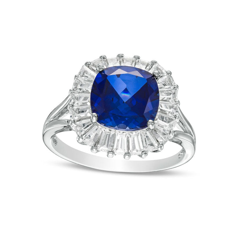 Image of ID 1 90mm Cushion-Cut Blue and White Lab-Created Sapphire Frame Split Shank Ring in Sterling Silver