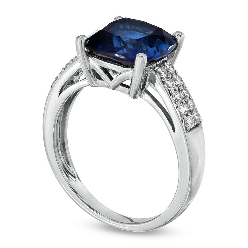 Image of ID 1 90mm Cushion-Cut Lab-Created Blue and White Sapphire Ring in Sterling Silver