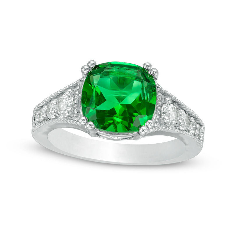 Image of ID 1 90mm Cushion-Cut Lab-Created Emerald and White Sapphire Antique Vintage-Style Ring in Sterling Silver