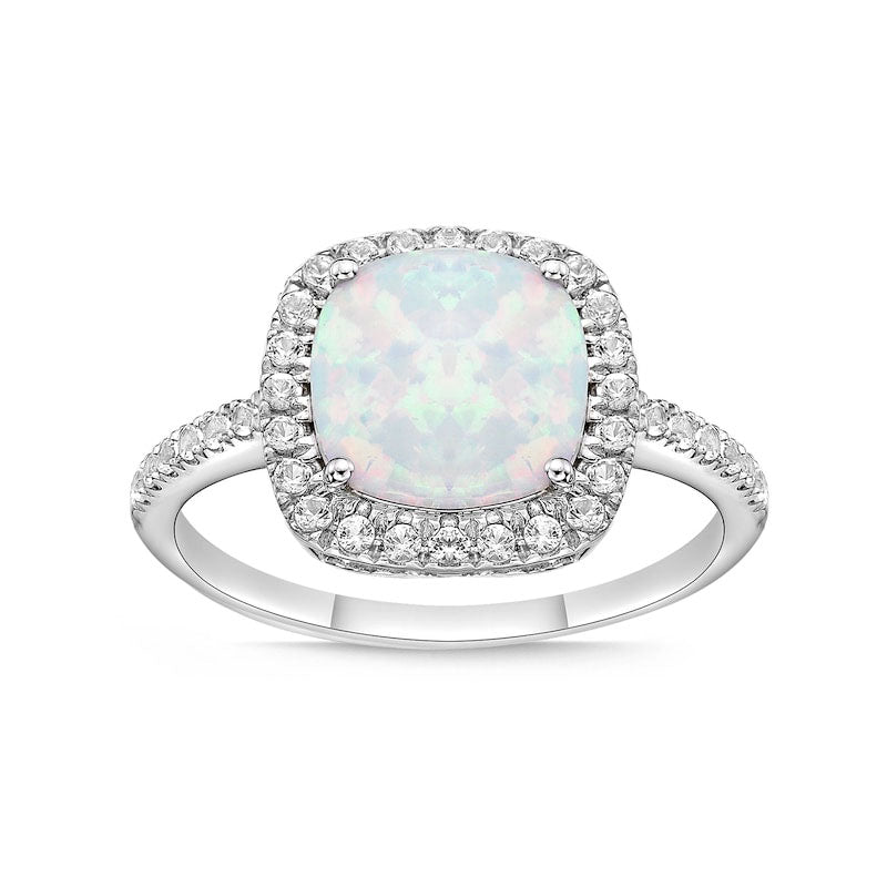 Image of ID 1 90mm Cushion-Cut Lab-Created Opal and White Sapphire Frame Ring in Sterling Silver