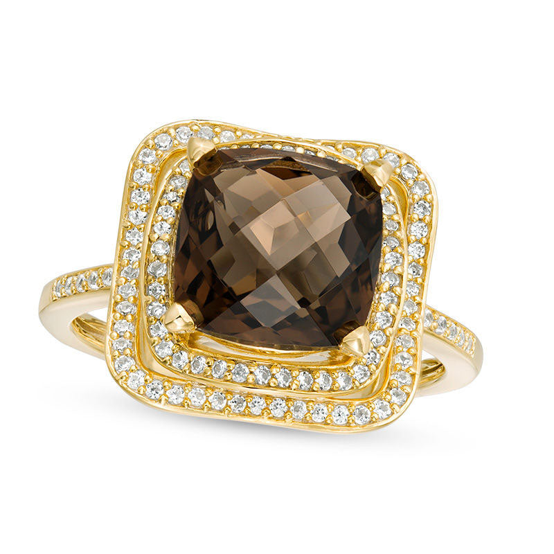 Image of ID 1 90mm Cushion-Cut Smoky Quartz and Lab-Created White Sapphire Layered Frame Ring in Sterling Silver with Solid 14K Gold Plate