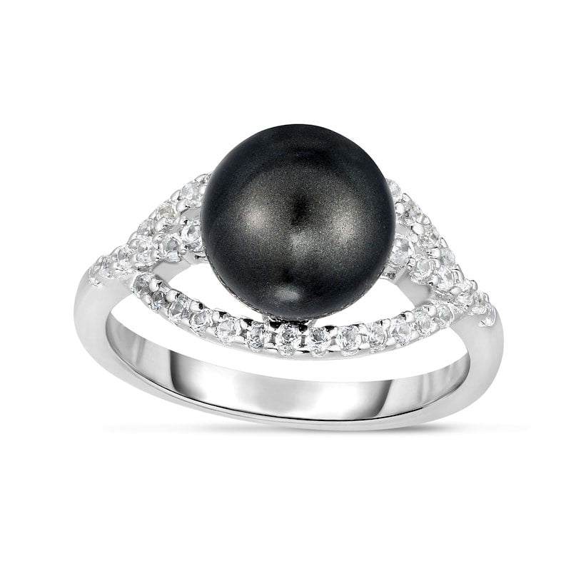 Image of ID 1 90mm Dyed Grey Cultured Tahitian Pearl and Lab-Created White Sapphire Split Shank Ring in Sterling Silver
