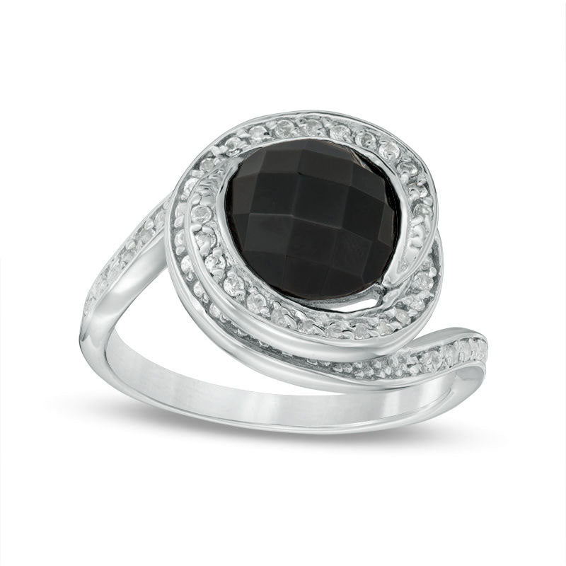 Image of ID 1 90mm Faceted Onyx and White Topaz Swirl Frame Ring in Sterling Silver