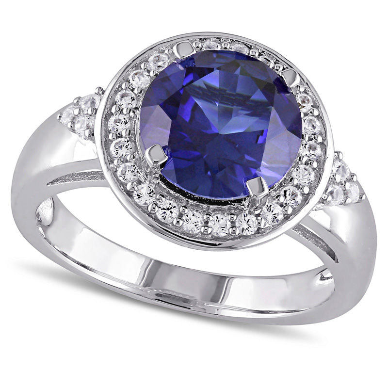 Image of ID 1 90mm Lab-Created Blue and White Sapphire Frame Tri-Sides Ring in Sterling Silver