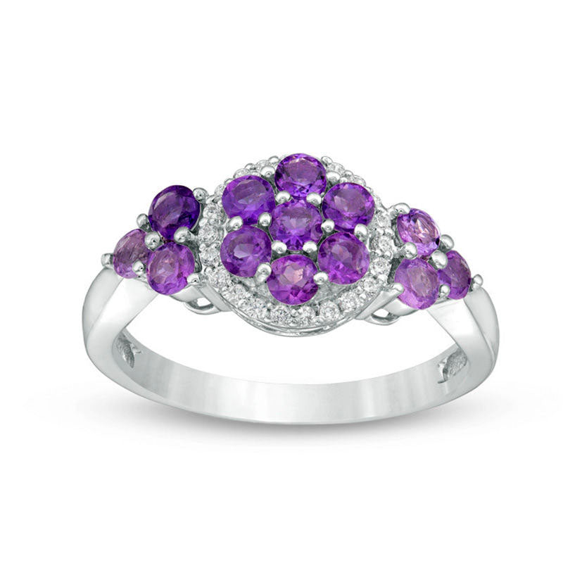 Image of ID 1 Amethyst Cluster and 010 CT TW Natural Diamond Frame Tri-Sides Ring in Sterling Silver