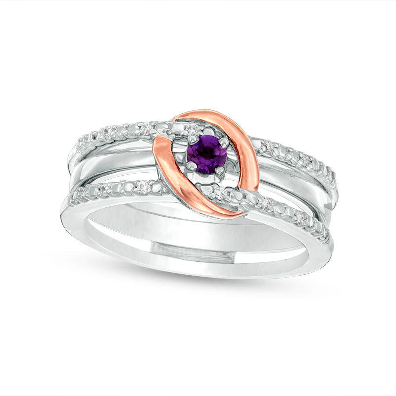 Image of ID 1 Amethyst and 005 CT TW Natural Diamond Interlocking Oval Three-in-One Ring in Sterling Silver and Solid 10K Rose Gold