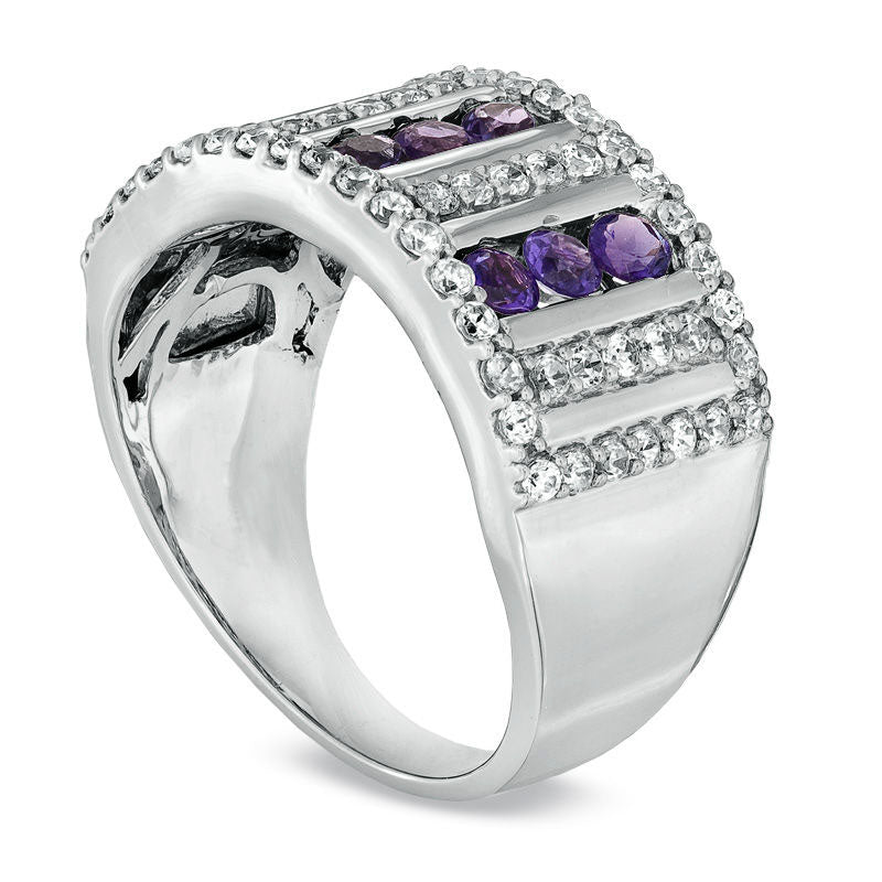 Image of ID 1 Amethyst and 063 CT TW Natural Diamond Triple Row Ring in Sterling Silver