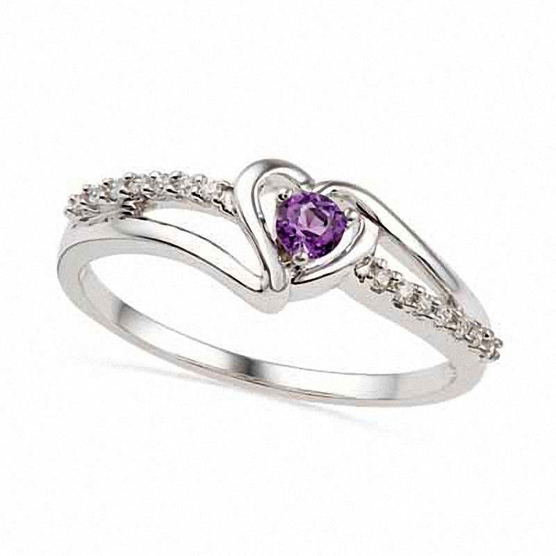 Image of ID 1 Amethyst and Natural Diamond Accent Heart Promise Ring in Sterling Silver